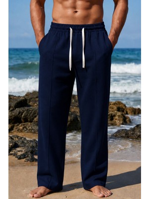 Tarz Cool Erkek %100 Keten Rahat Kalıp Beli Lastikli Yazlık Keten Pantolon Cepli Günlük Casual Plaj Pantolonu