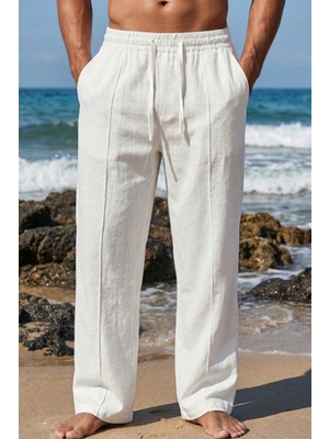 Tarz Cool Erkek %100 Keten Rahat Kalıp Beli Lastikli Yazlık Keten Pantolon Cepli Günlük Casual Plaj Pantolonu