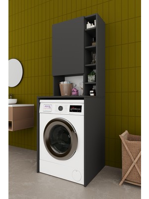 Asra Trend Lüks Dolaplı Çamaşır Makinesi Dolabı %100 MDF Raflı Kapaklı Çok Amaçlı Banyo Dolabı BD02