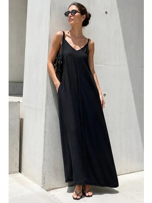 Madmext Siyah Askılı Oversize Uzun Elbise MG2038