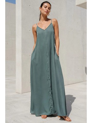 Madmext Yeşil Askılı Oversize Uzun Elbise MG2038