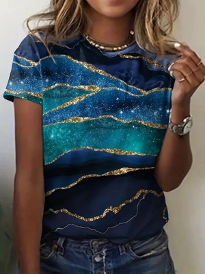 Lune Store Kadın Kısa Kollu Bisiklet Yaka Mavili Sim Baskılı Sandy Bluz