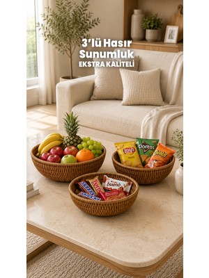 Destpak 3'lü Hasır Sunumluk Sepet Badya Leğen Tabak Kase - Masaüstü Organizer Rattan Sunum Meyvelik - Ekstra Kaliteli Çelik Rattan