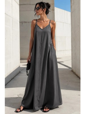 Madmext Füme Askılı Oversize Uzun Elbise MG2038