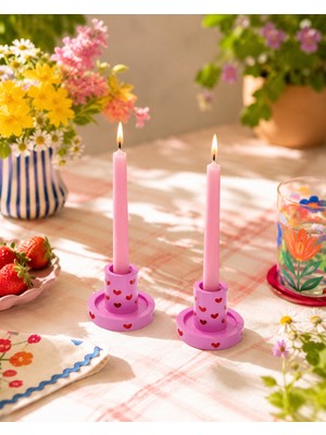 El Yapımı 2'li Kalp Desenli Şamdan Mumluk Seti Taş Tozu | Atiye Studio | Pembe Romantik Ince Mum Şamdan