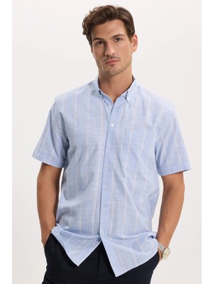 Tudors Erkek Regular Fit Klasik Kesim Oversize %100 Pamuk Keten Doku Tek Cepli Çizgili Kısa Kollu Mavi Gömlek