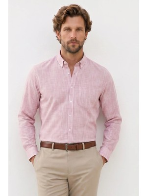 Tudors Erkek Slim Fit Dar Kesim Uzun Kollu %100 Pamuk Keten Efektli Düğmeli Yaka Rahat Kırmızı Gömlek