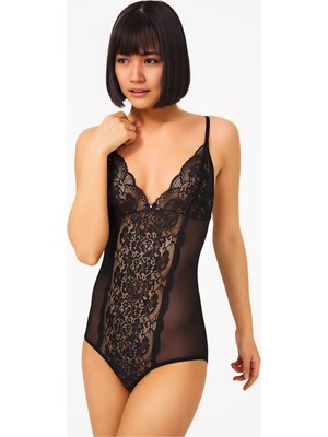 Homay Önü Dantel Işlemeli Transparan Çıtçıtlı Bodysuit