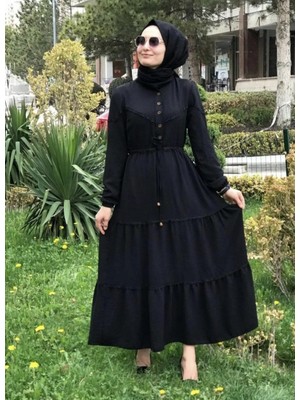 Harma Time Butik Kadın Düğmeli Dantel Detaylı Beli Bağcıklı Ayrobin Siyah Elbise