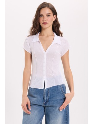 Tudors Kadın Slim Fit Dar Kesim Kısa Kollu Gömlek Yaka Beyaz Gömlek