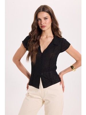 Tudors Kadın Slim Fit Dar Kesim Kısa Kollu Gömlek Yaka Siyah Gömlek