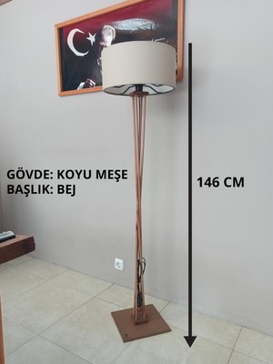 Balsa Dekor Ahşap Lambader- Köşe Aydınlatma- Koyu Meşe Bej Kumaş Başlık