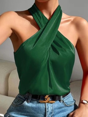 Lune Store Kadın Omuzlarda Açık Boyundan Çapraz Geçme Detaylı Sandy Bluz
