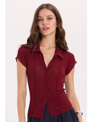 Tudors Kadın Slim Fit Dar Kesim Kısa Kollu Gömlek Yaka Bordo Gömlek