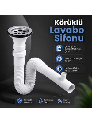 Badem10 Körüklü Lavabo Sifonu Hortumu Gider Borusu Çamaşır Bulaşık Makine Çıkışlı
