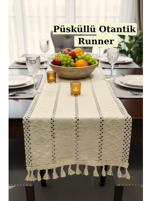 Empressco Bohem Desenli Püsküllü Runner, Çeyizlik Şık ve Trend 35X140 cm