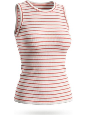 AKD Atelier Kadın Atlet Kolsuz Bisiklet Yaka Çizgili Fitilli Likralı Sıfır Kollu T-Shirt