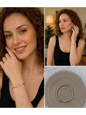 Fm 💎 Premium Gold Renk Parlak Taşlı 316L Çelik Sonsuzluk ve Kalp Figürlü Gold Charm Bileklik (~18cm)