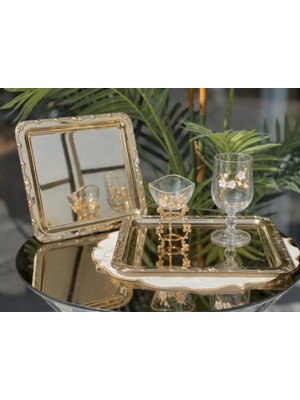 Elta Collection Gold Kahve Sunum Seti | Çelik Tepsi, Cam Lokumluk ve Kadeh | 1 Kişilik - 2 Kişilik - 6 Kişilik