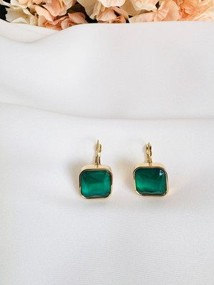 Devi Fashion Çelik Kare Yeşil Zirkon Taşlı Küpe 2 cm