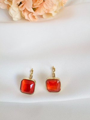 Devi Fashion Çelik Kare Turuncu Zirkon Taşlı Küpe 2 cm