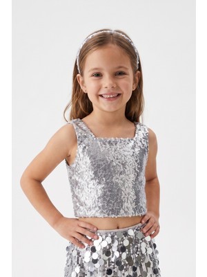 Le Mabelle Gümüş  Kare Yakalı Pullu Kız Çocuk Kolsuz Crop Bluz - Cintia