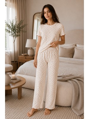 Ebru Tesettür Desenli Kısa Kol Pijama Takımı Ekru