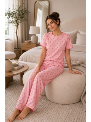 Ebru Tesettür Desenli Kısa Kol Pijama Takımı Pudra