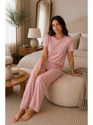 Ebru Tesettür Desenli Kısa Kol Pijama Takımı Pembe