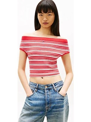 Tommy Hilfiger Kadın Off Shoulder Çizgili Kazak