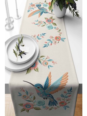 Empressco Şık Süet Dokuma Runner Kuş Nakışı, 140X40 Cm, Zarif ve Dayanıklı Tasarım