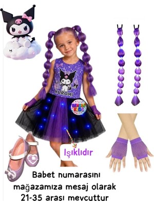 3b Kids Kuromi Işıklı Penye Kostüm Elbise Kuromi Peruk Saç Kuromi Babet Ayakkabı Mor Eldiven Seti Doğum Günü Parti