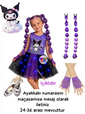 3b Kids Kuromi Işıklı Penye Kostüm Elbise Kuromi Peruk Saç Kuromi Topuklu Ayakkabı Mor Eldiven Seti Doğum Günü Parti