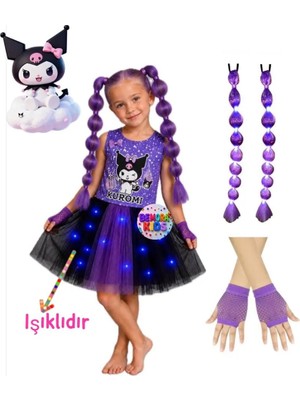 3b Kids Kuromi Kostüm Elbise Işıklı Kostüm Penye Elbise Kuromi Babble Saç Peruk Mor Eldiven Kostüm Doğum Günü Parti Seti