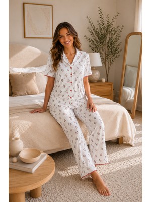 Ebru Tesettür Düğmeli Desenli Pijama Takımı Beyaz