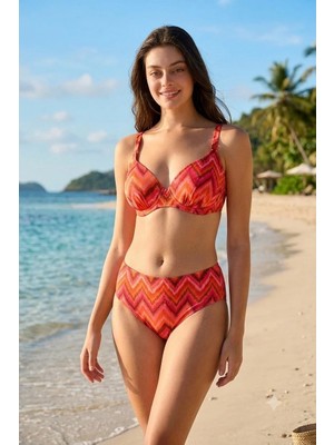 Kom Welle Desenli Toparlayıcı Bikini Takımı Turuncu