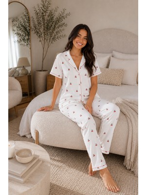 Ebru Tesettür Düğmeli Desenli Pijama Takımı Ekru
