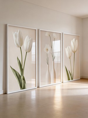 Empressco Minimal Beyaz Çiçek 3’lü Tablo Seti, Modern Çerçevesiz Duvar Dekoru