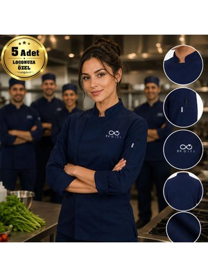 BK Gift Logonuza Özel 5 Adet Lacivert Kadın Şef Ceketi - Gabardin Kumaş Profesyonel Aşçı Ceketi