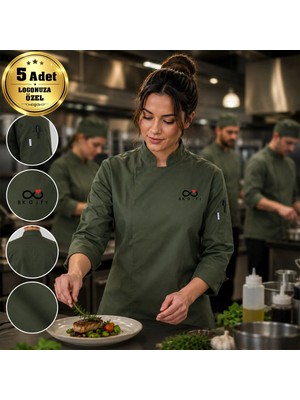 BK Gift Logonuza Özel 5 Adet Yeşil Kadın Şef Ceketi - Gabardin Kumaş Profesyonel Aşçı Ceketi