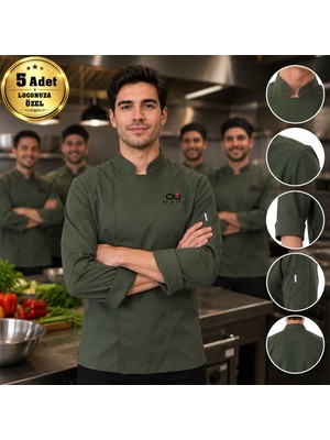 BK Gift Logonuza Özel 5 Adet Yeşil Erkek Şef Ceketi - Gabardin Kumaş Profesyonel Aşçı Ceketi