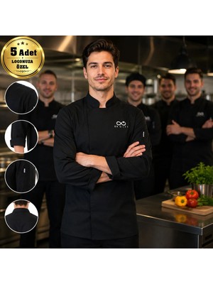BK Gift Logonuza Özel 5 Adet Siyah Erkek Şef Ceketi - Gabardin Kumaş Profesyonel Aşçı Ceketi