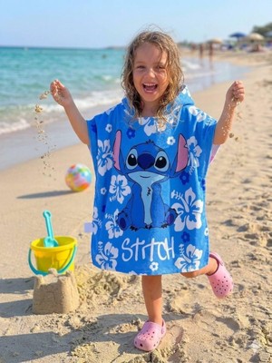 Cg Kids Stitch Karakter Baskılı Kapüşonlu Çocuk Panço Plaj ve Havuz Havlusu - Mavi