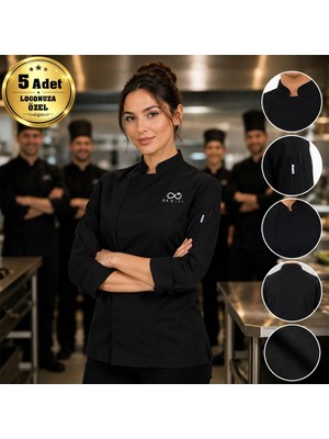 BK Gift Logonuza Özel 5 Adet Siyah Kadın Şef Ceketi - Gabardin Kumaş Profesyonel Aşçı Ceketi