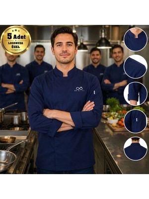 BK Gift Logonuza Özel 5 Adet Lacivert Erkek Şef Ceketi - Gabardin Kumaş Profesyonel Aşçı Ceketi