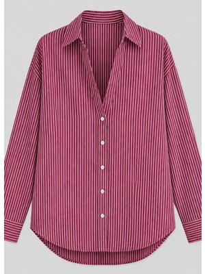 Brandhills Bordo - Beyaz Renk Çizgili Oversize Modal Gömlek