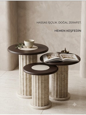 Odecor Sütunlu Yuvarlak  Tablalı 3'lü Modüler Yan Sehpa