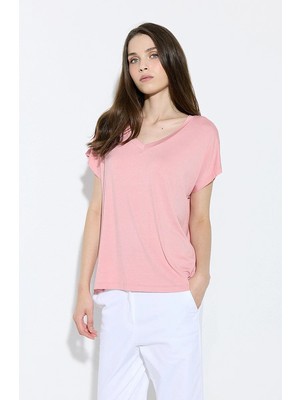 Gusto V Yaka Rahat Kesim Bambu Tshirt - Pembe