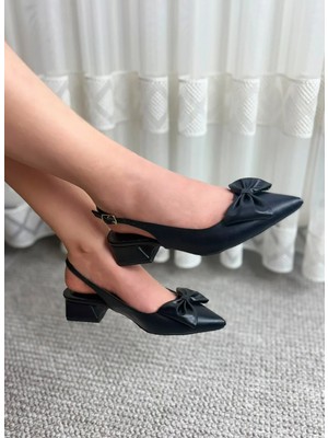 Asmi Shoes Kadın Mina Siyah Cilt Arkası Açık Sivri Burun Fiyonk Detaylı 4 cm Topuklu Ayakkabı