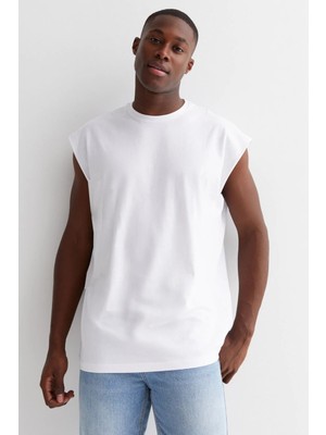 Rock&Roll Düz Kesik Kol / Kolsuz Beyaz Oversize T-Shirt